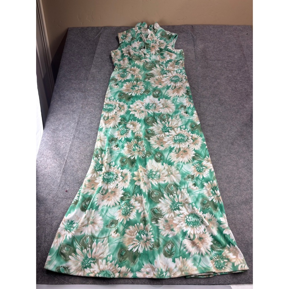 VTG Green Floral Ruffle Neck Maxi Dress Womens 16 Gown 70s Boho Hippie Retro